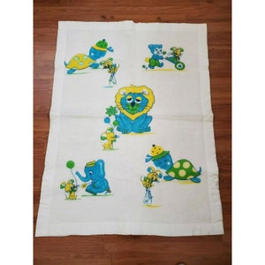 Vintage 1960s Deadstock Baby Crib Blanket Turtle Bunny Elephant Satin Edge