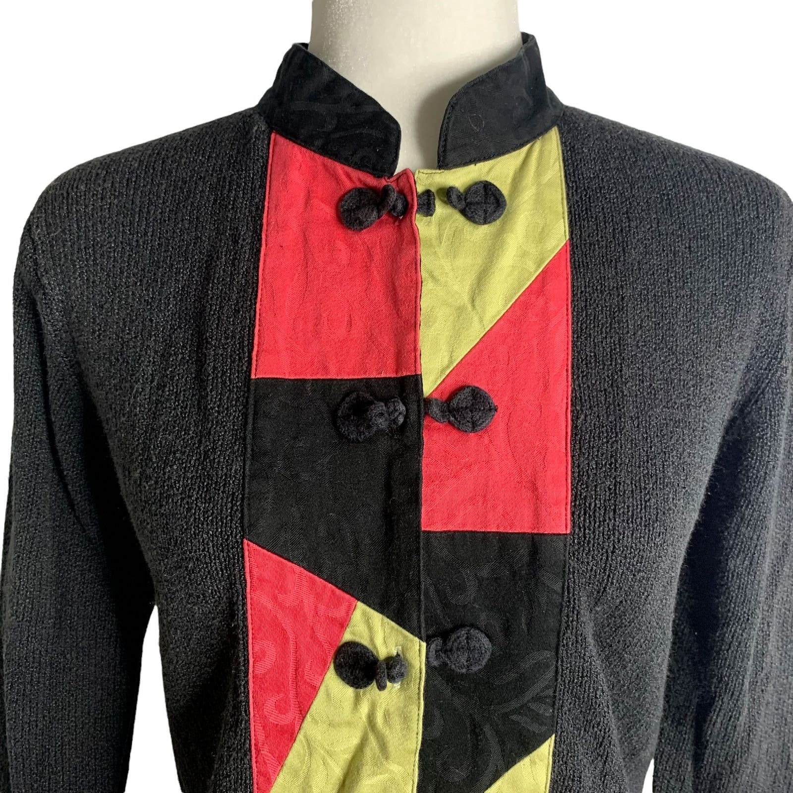 Vintage Stretch Knit Cardigan Sweater S Black Frog Buttons 