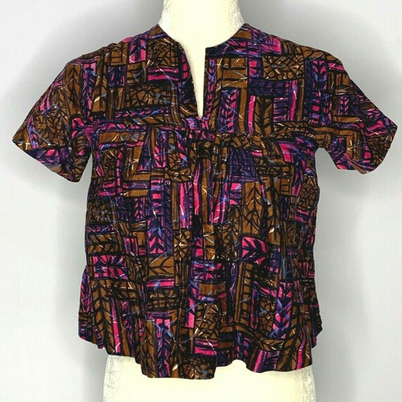 Vintage 60s Babydoll Shirt S Pink Brown Tribal Na… - image 1