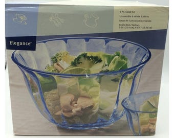 Vintage elegante blauwe 5-delige glazen saladeset, nieuw in doos, VS