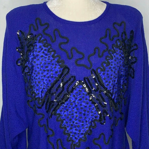 Vintage 80s Sweater L Blue Sequins Polka Dot Ribbo