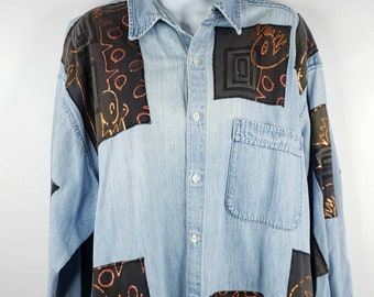 Vintage 90s Womens L Denim Blue Jean Shirt Oversized Painted Art