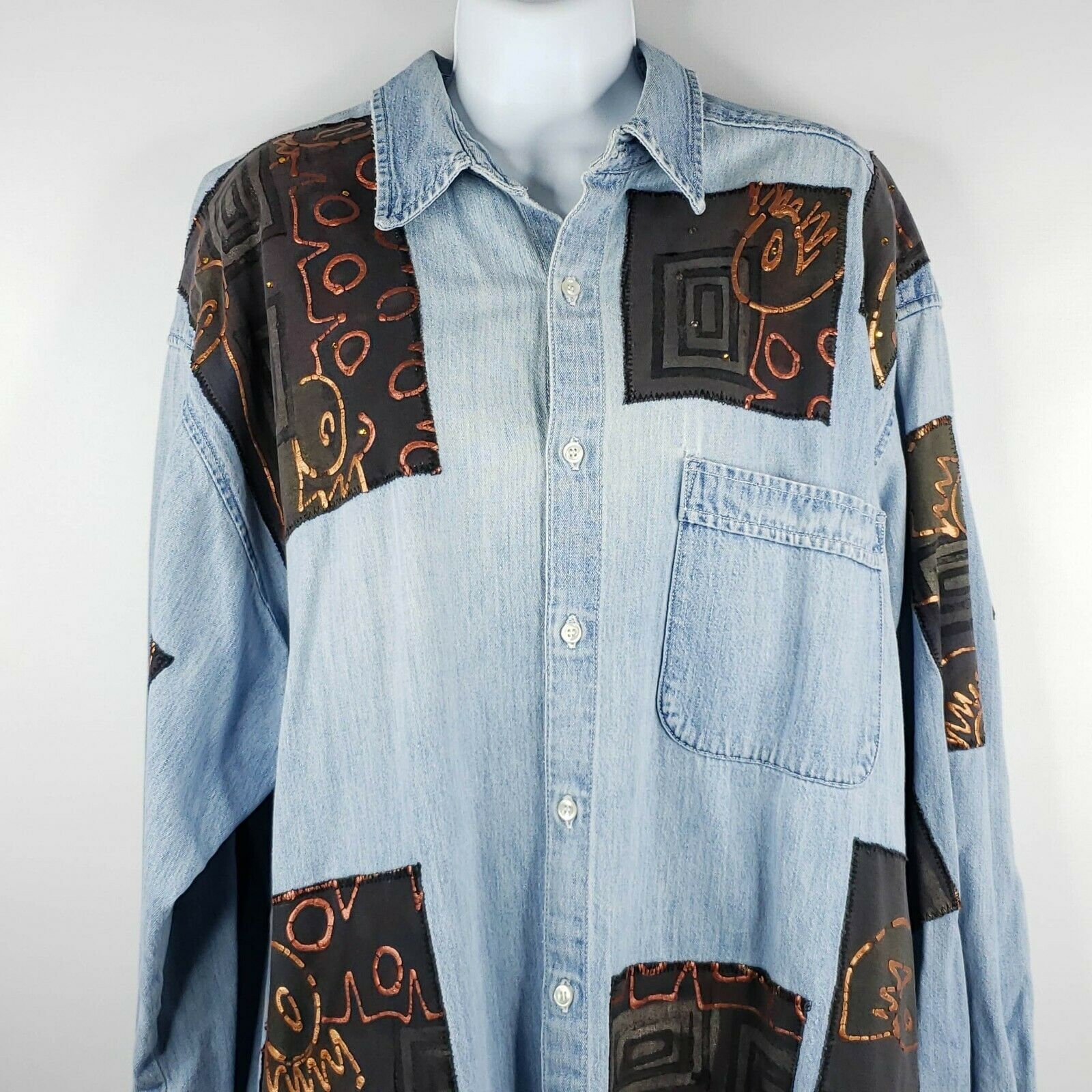 Vintage 90s Womens L Denim Blue Jean Shirt Oversized Painted