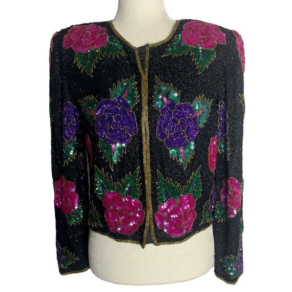 Vintage Sequin Beaded Silk Jacket S Black Long Sl… - image 1