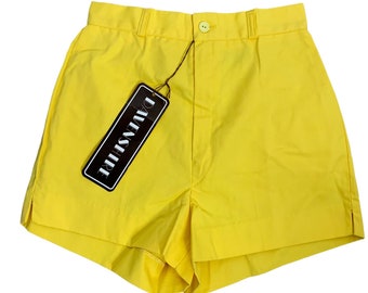 Vintage High Waisted Flat Front Shorts S Yellow Pockets Button Zip Belt Loops