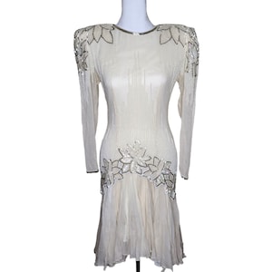 Vintage 80s Destinee Formal Drop Waist Dress Womens Size 4 Ivory Beaded Mother Of Bride