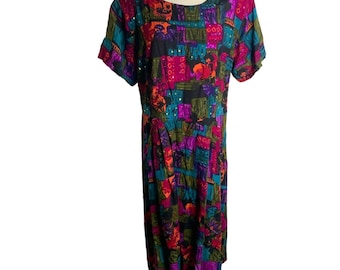 Vestido midi vintage con cuentas y lentejuelas, multicolor, manga corta, con cordones, informal