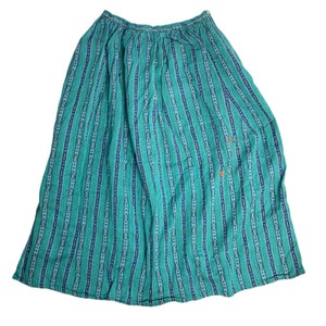 Vintage Boho Gathered Midi Skirt S Green Stipes Button Zip Pockets Broomstick