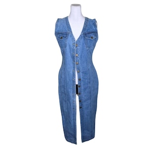 Vintage 90s Midi Denim Dress Womens Size M Blue Sleeveless Button Up Body Con