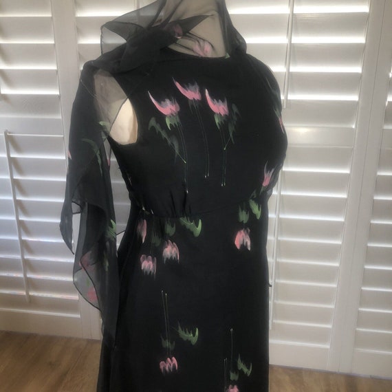 Vtg 80s Black Chiffon Floral Floor Length Dress L… - image 8