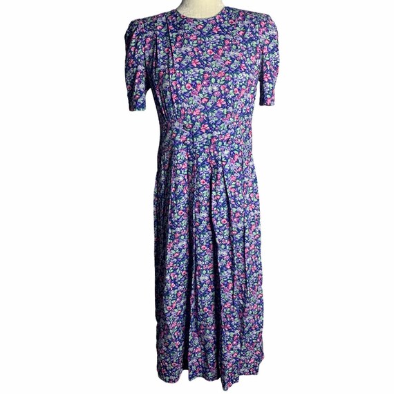 Vintage Floral Pleated Midi Dress 4 Blue Cottagecore Modest