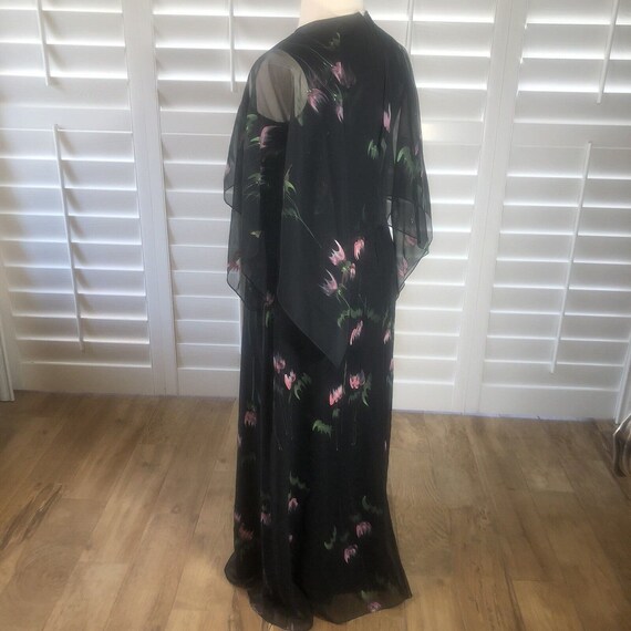 Vtg 80s Black Chiffon Floral Floor Length Dress L… - image 4