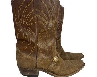 Vintage Texas Suede Leather Western Boots 6.5 Brown Pointed Toe Top Stitching