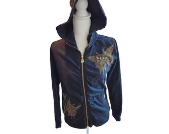 Vintage Y2K BCBG Hoodie Sweatshirt L Full Zip Black Gold Butterflies Velour