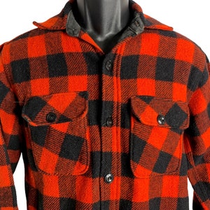Vintage Mens 50s Wool Shirt Jacket S Red Buffalo Plaid Button Up Pockets Shacket