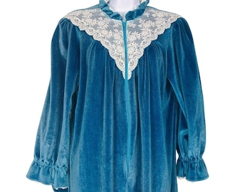 Vintage JC Penny Womens M Robe Teal Blue Velour Zip Up Housecoat Pockets