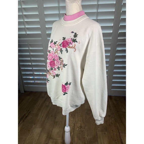 Vtg Grandma Core Double Collar White Pink Flowers Sweatshirt M/L K Hamilton View 5
