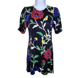 Vintage 80s Does 60s Mini Dress Womens Size S Black Silk Floral Shift