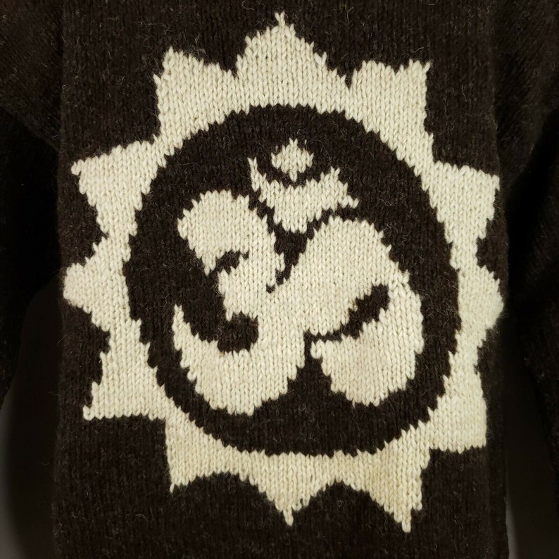 Vintage 90s Does 70s Brown Beige Hand Knit Wool Sweater L Om Symbol Sun Namaste