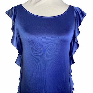 Vintage BCBG Flutter Sleeve Shift Dress M Blue Stretch Knit Pullover Round Neck