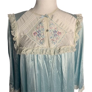Vintage 80s Nylon Full Length Nightgown S Blue Embroidered Lace Long Sleeve