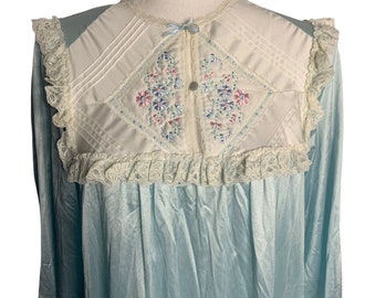 Vintage 80s Nylon Full Length Nightgown S Blue Embroidered Lace Long Sleeve