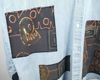 Vintage 90s Womens L Denim Blue Jean Shirt Oversized Painted