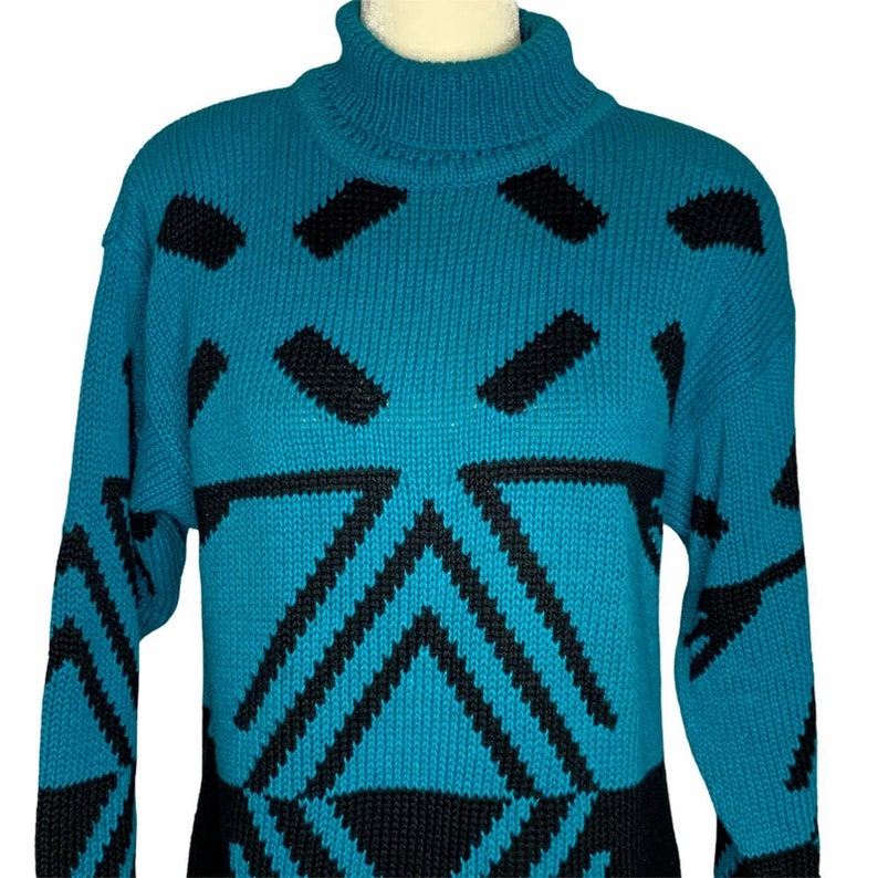 Vintage Mock Neck Chunky Knit Sweater S Blue Black Oversized Tunic Shoulder Pads