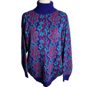 Vintage 80er Jahre Rollkragen Strick Pullover Pullover M Lila Floral Ski