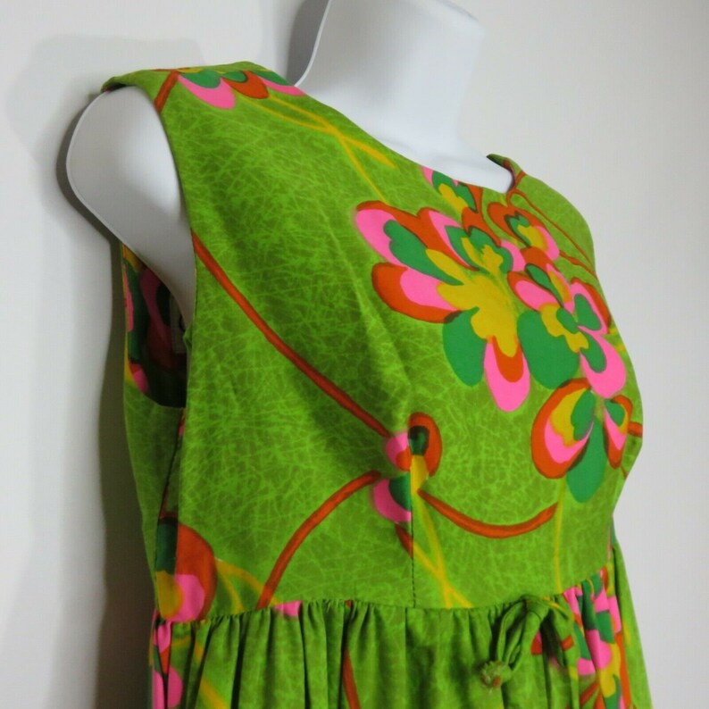 Vtg 60s Sun Fashions Casual Aire Green Psychedelic Floral Hawaiian Maxi Dress M