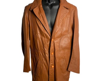 Veste manteau en cuir boutonnée vintage des années 70 L marron groovy