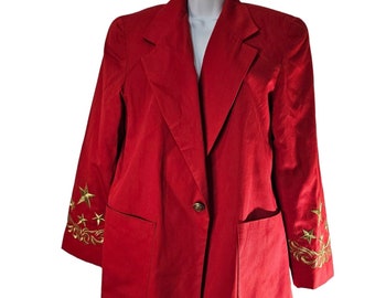 Vintage 80s Blazer Womens Size 10 Red Gold Star Embroidered Nautical Yacht Rock