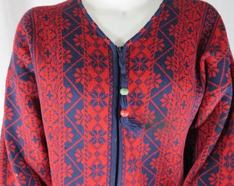 Vtg Obermeyer M Fair Isle Nordic Ski Sweater Snowflake Full Zip Red Navy Blue