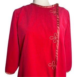 Vintage 80s Velour Full Length Housecoat Robe M Pink Zip Front Ribbon Trim