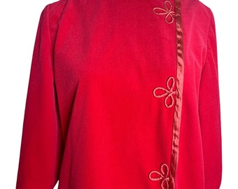 Vintage 80s Velour Full Length Housecoat Robe M Pink Zip Front Ribbon Trim