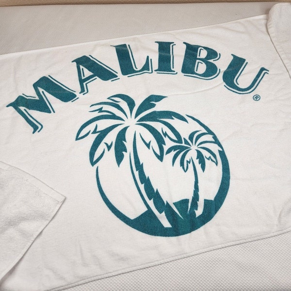Vintage 90s Malibu Rum Beach Towel WhiteTeal PalmTrees