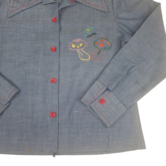 Vintage 70s Embroidered Shirt Womens Small Blue T… - image 3