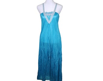 Camicia da notte vintage anni '70 lunga in raso con pizzo e bordatura in pizzo, taglia S, in nylon blu turchese