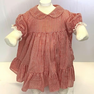 Vintage Infant Babydoll Dress 18m Red Gingham Bloomers Collar Ruffles Buttons