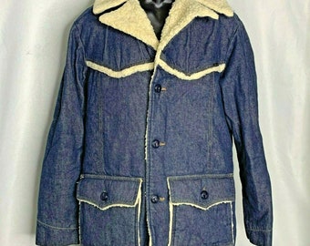 Vintage 60s Sears Denim Ranch Jean Jacket 42T Sherpa Lined Barn Chore Coat