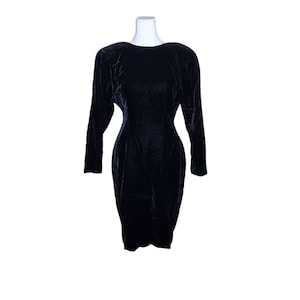 Vintage 80s Custom Velvet Wiggle Dress Womens Size M Black Deep V Back Glam