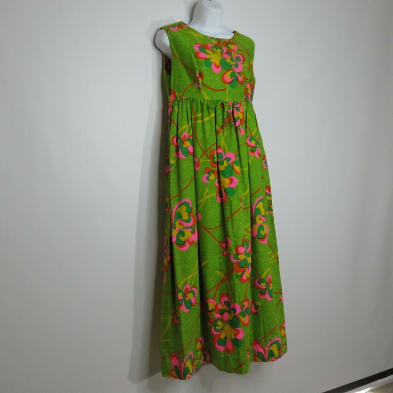 Vtg 60s Sun Fashions Casual Aire Green Psychedelic Floral Hawaiian Maxi Dress M