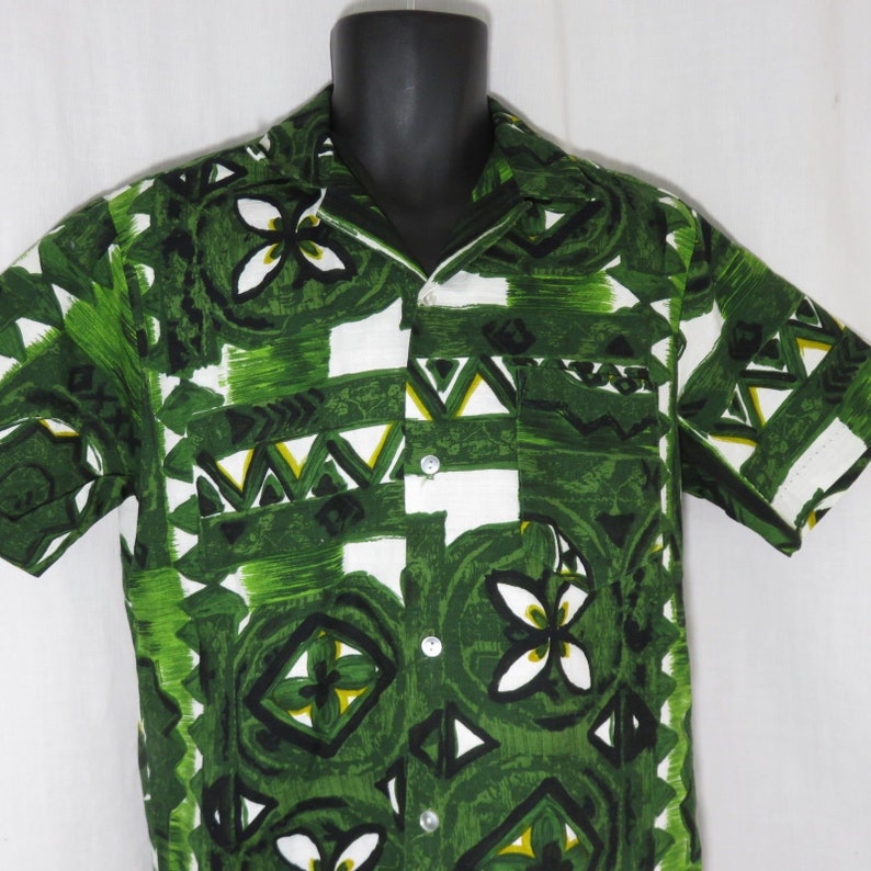 Vintage Made In Hawaii Aloha Bark Cloth Hawaiian Shirt Green M Tapa Tiki
