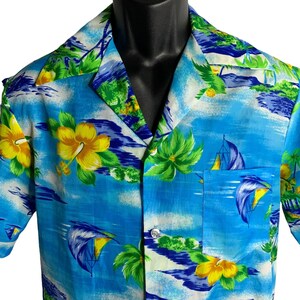 Vintage 70s Pomare Hawaiian Shirt M Blue Floral Button Up Pocket Short Sleeve