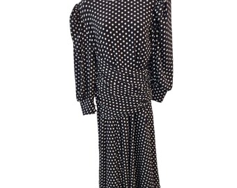 Abito midi lungo vintage anni '80 a pois bianchi blu navy S Blouson con vita bassa