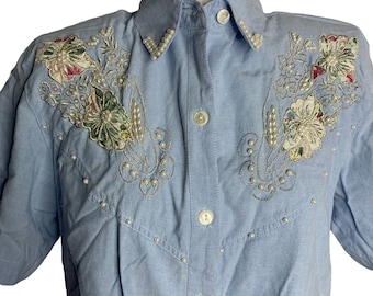 Vintage Beaded Embroidered Western Shirt S Blue Button Down Short Sleeves Collar