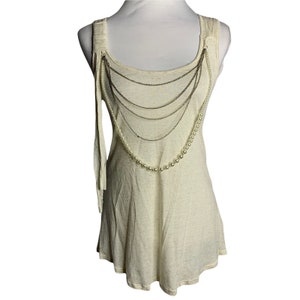Vintage Y2K Beaded Tunic Tank Top S Heather Beige Sleeveless Chains Stretch Knit