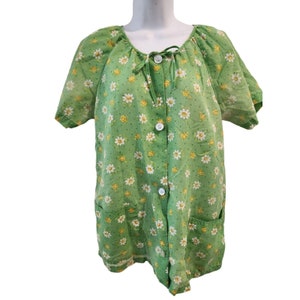 Kari of Kalifornia Vintage 50s 60s Green Blouse Smock Shirt White Daisies