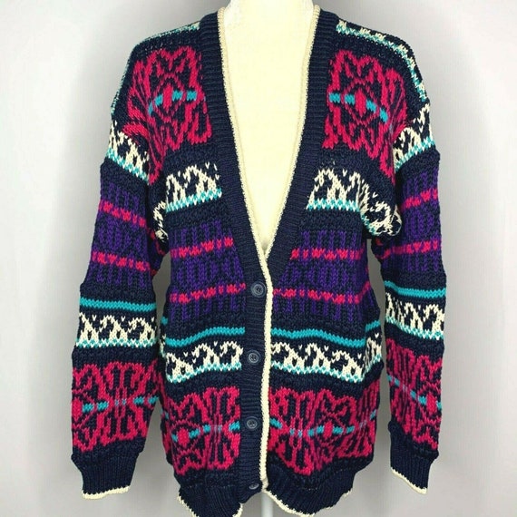 Vintage Chunky Knit Cardigan Sweater M Multicolore