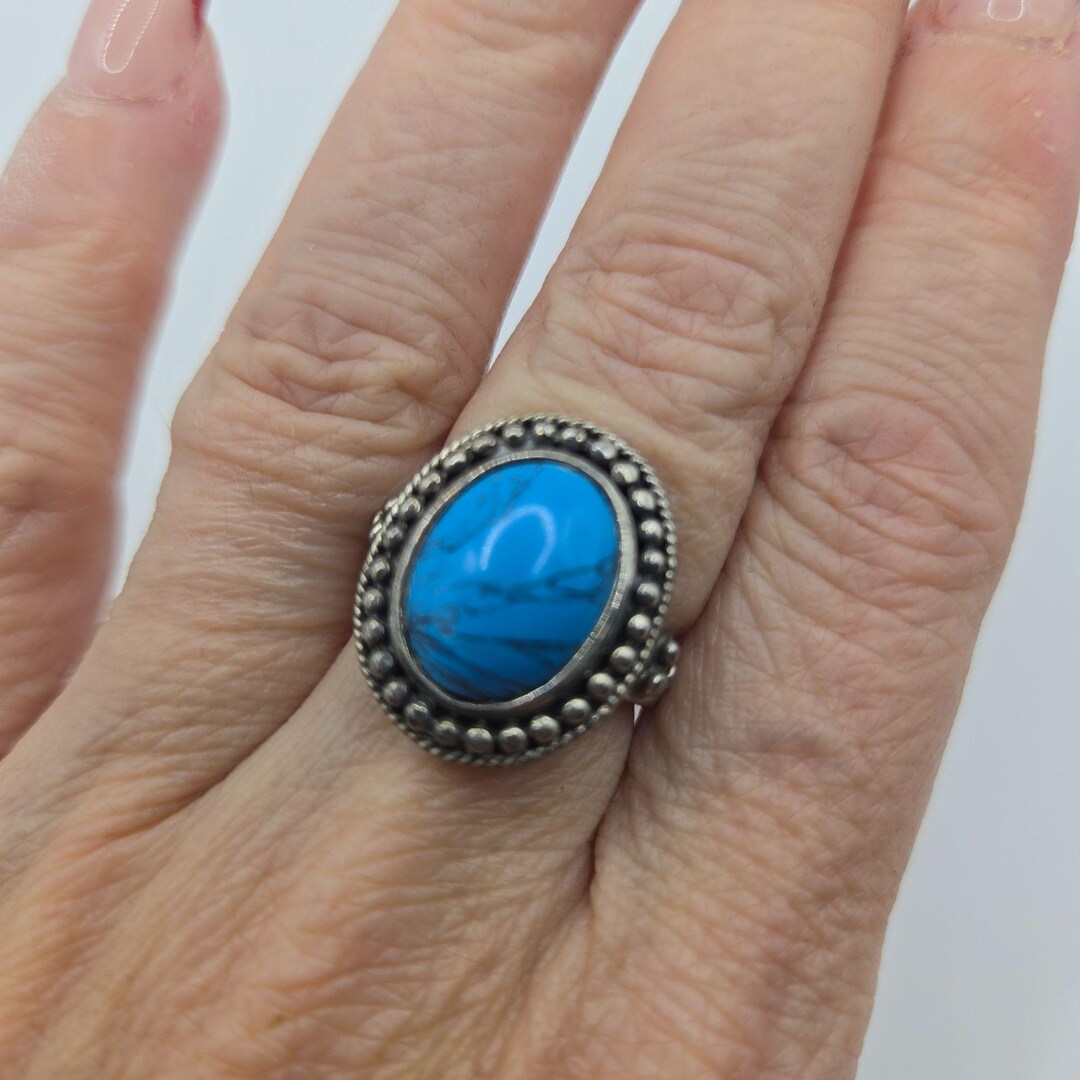 Vintage HAN 925 Sterling Silver Real Cabochon Turquoise Beaded Ring ...